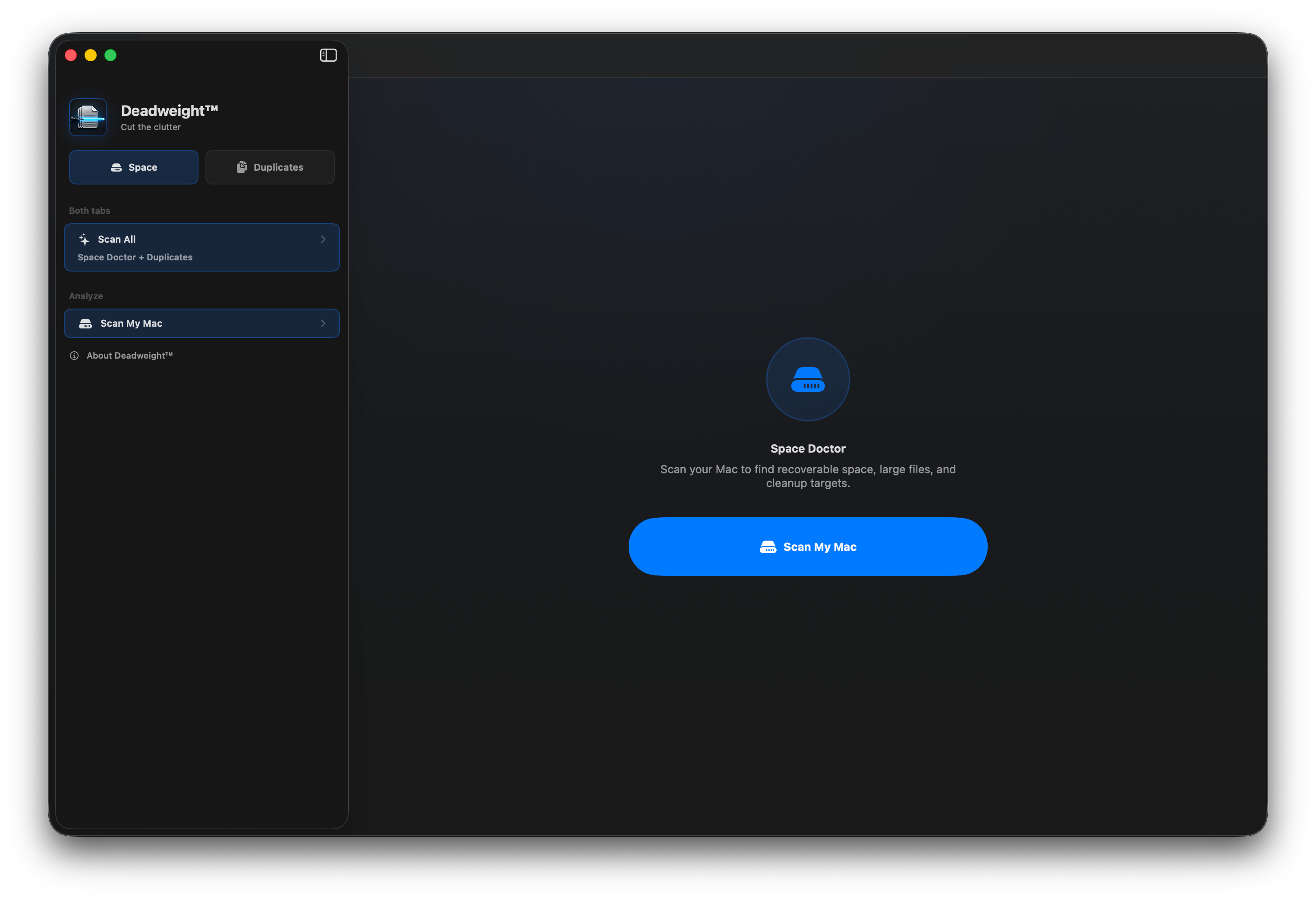 Deadweight home screen with the Scan My Mac button