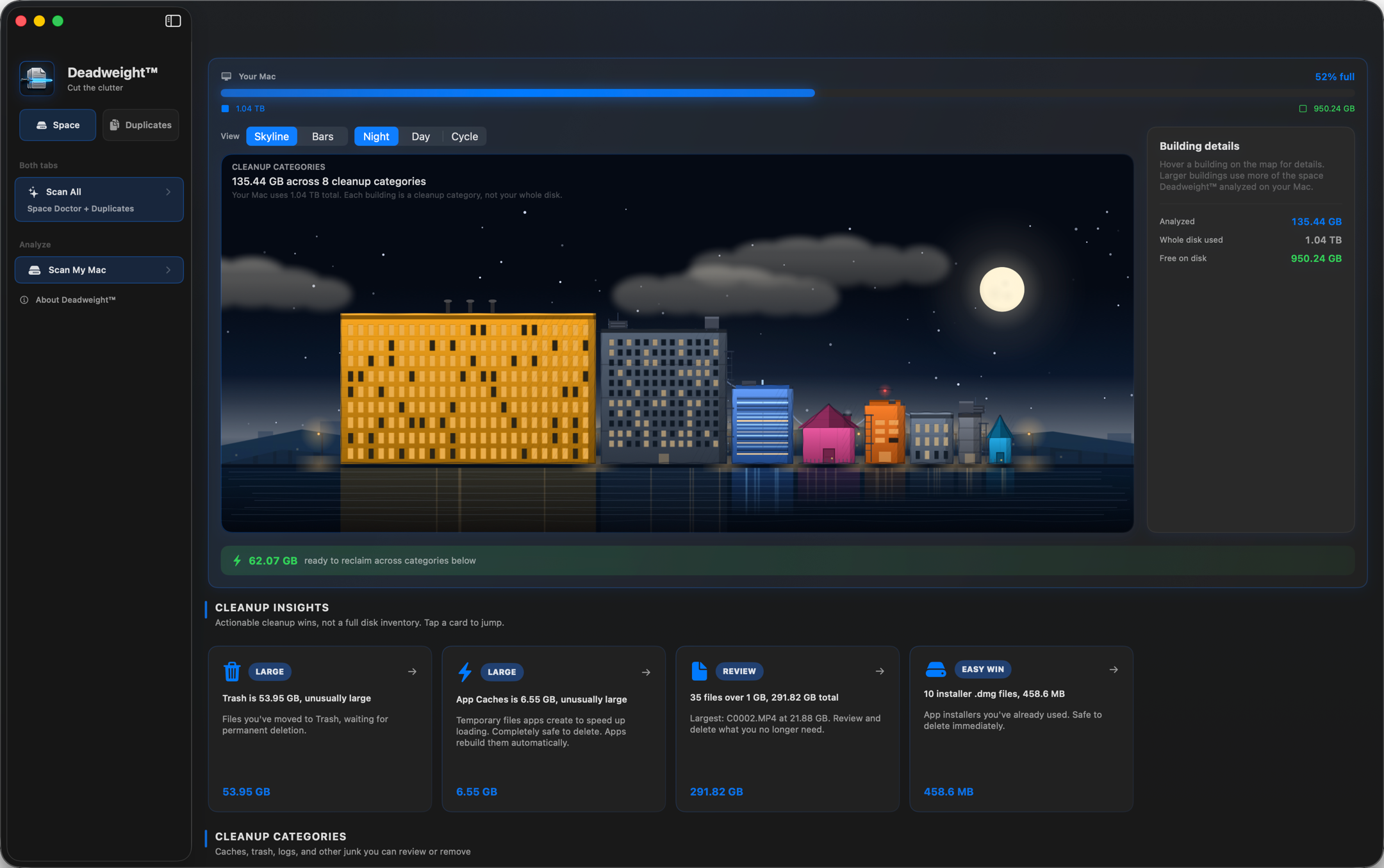 The Space Doctor window: scan buttons in the sidebar, the skyline map of the disk, a green bar showing 62.07 GB ready to reclaim, and a row of cleanup insight cards